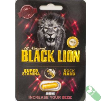 Close-up of Black Lion Super Stamina capsules near product bottle