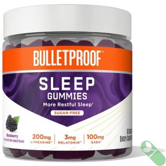 Bulletproof Sleep Gummies front label with key ingredients and blackberry image