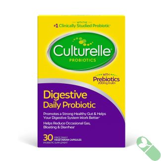Culturelle daily probiotic with 30 capsules for digestive health.