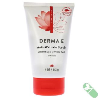 "Front view of Derma E Anti-Wrinkle Scrub 4 oz tube highlighting glycolic acid and vitamin A benefits"

