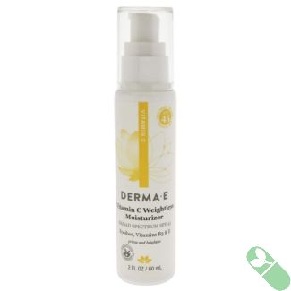 "Derma E Vitamin C Weightless Moisturizer SPF 45 2oz packaging for daily sun care"


