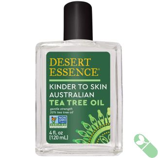 "4 oz bottle of Desert Essence Kinder To Skin Australian Tea Tree Oil with natural herbal branding"

