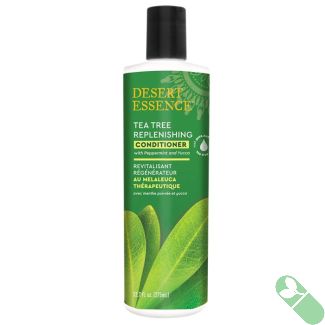 "Desert Essence Tea Tree Replenishing Conditioner bottle with natural tea tree leaf background"

