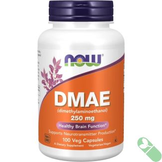 Side view of NOW DMAE 250mg bottle displaying Non-GMO and Vegan certifications
