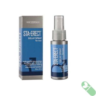 "Blue and silver packaging of Doc Johnson Sta-Erect male delay spray"

