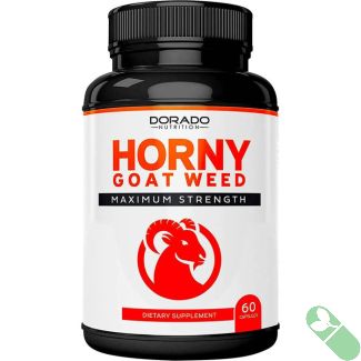 "Dorado Nutrition Horny Goat Weed 1590mg bottle alongside fresh herbs"

