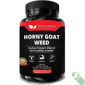 Dr. Martin's Horny Goat Weed supplement bottle and capsules arranged on table, emphasizing energy and vitality support

