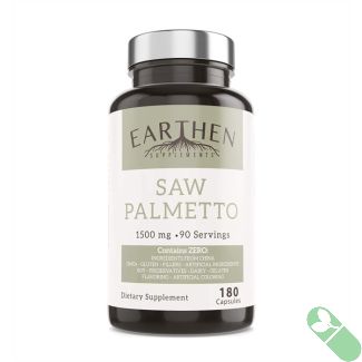 "Earthen Saw Palmetto 1500mg supplement bottle front view"

