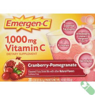 "Close-up of Emergen-C 1000mg Vitamin C Powder Cranberry Pomegranate ingredients and nutrition label"


