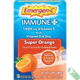 "Single packet of Emergen-C Immune Plus 1000mg Vitamin C Powder Mix Super Orange with label detail"

