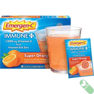 "Back of Emergen-C Immune Plus 1000mg Vitamin C Powder Mix Super Orange box listing ingredients and certifications"

