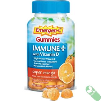 "Emergen-C Immune+ Gummies Orange Flavor with Vitamin D – gluten-free and caffeine-free"

