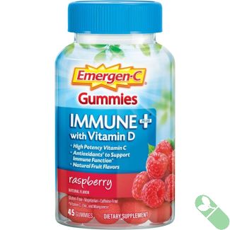 "Emergen-C Immune+ Gummies for immune support, raspberry flavor, vitamin D, 45 count bottle"

