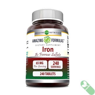Amazing Nutrition's Ferrous Sulfate 65mg tablets, a high-potency supplement to prevent iron deficiency and promote overall health.