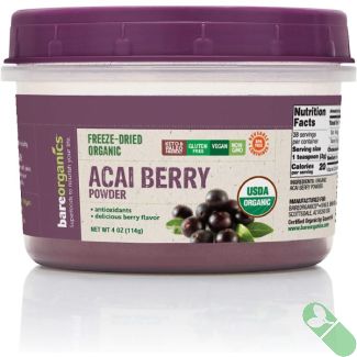 "BareOrganics acai berry powder container showing supplement facts label"


