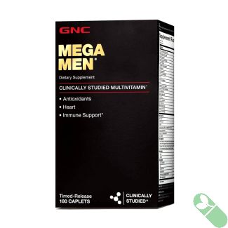 GNC Mega Men Multivitamin designed to meet the specific nutritional needs of men, with a focus on heart health and antioxidants.