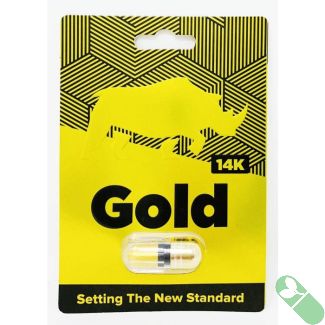 "Gold 14K male sexual enhancement capsule in yellow and black packaging front"

