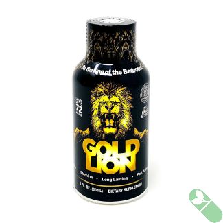 The Gold Lion dietary supplement bottle, a fast-acting formula to enhance stamina and performance in the bedroom with a majestic design.