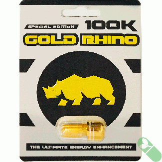 "Gold Rhino 100K Male Enhancement Pill Special Edition blister pack with yellow capsule and black-white packaging"

