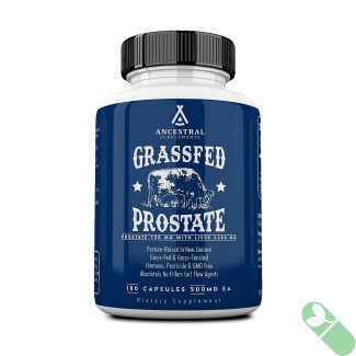 Grassfed Prostate and Liver Support Capsules for holistic health, inspired by ancestral nutrition, packaged in a blue bottle.
