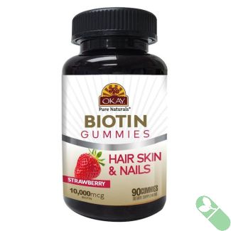 Hair Skin Nail Support Okay Gummies Biotin 90 Count Strawberry Flavor