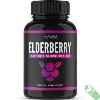 Elderberry capsules bottle highlighting immune health support with vitamin C and antioxidants.