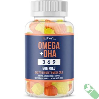 Havasu Omega 3 6 9 Plus DHA Gummies 60 count bottle with orange and blue label.