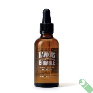 "Hawkins & Brimble Beard Oil 50ml with fresh natural ingredient elements displayed"

