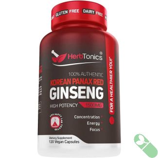 Herb Tonics Korean Panax Red Ginseng 1500mg bottle with 120 capsules, natural energy supplement

