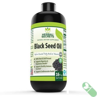 "Herbal Secrets Black Seed Oil 16 oz cold pressed bottle front label for respiratory health"

