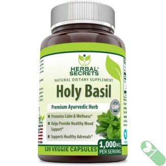 "Herbal Secrets Holy Basil 1000 mg 120 capsules bottle front label Ayurvedic herb"

