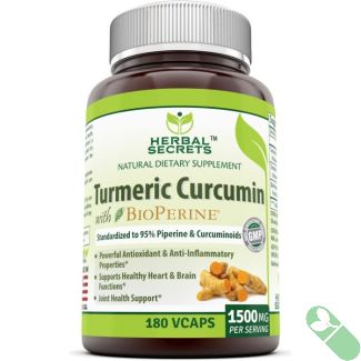 "Herbal Secrets Turmeric Curcumin Bioperine 1500mg 180 veggie capsules bottle front label"


