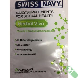 Herbal Viva Male and Female Enhancement 2 Capsules Swiss Navy bottle with label in focus, supplement facts visible

