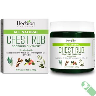 "Hand applying Herbion Naturals Chest Rub ointment on chest for muscle relief"

