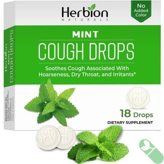 Herbion Naturals Mint Flavored Cough Drops resting on a white background with clear branding

