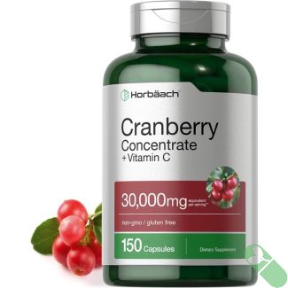 "Horbaach Cranberry Concentrate 30,000mg + Vitamin C bottle next to scattered red capsules for daily urinary support"

