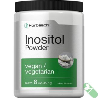 Horbaach Inositol Powder Vitamin B8 8 oz with scoop outside the container showing fine powder texture.


