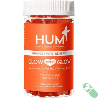 "HUM Glow Sweet Glow Skin 60 Vegan Gummies packaging emphasizing skin health benefits and natural ingredients."


