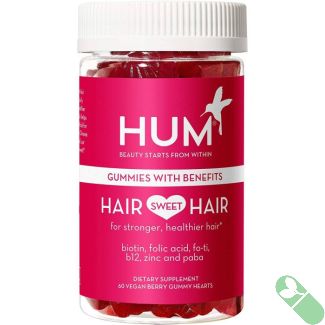 "HUM Hair Sweet Hair Vegan Gummy Vitamins packaging emphasizing hair health benefits and natural ingredients."

