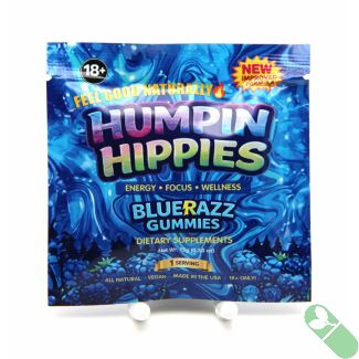 Humpin Hippies Blu Razz Gummies back packaging showing supplement facts and ingredients