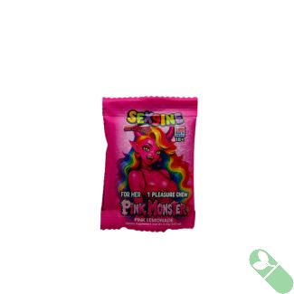 Sex9ine Pink Monster Pink Lemonade Pleasure Chew back with Supplement Facts and UPC
