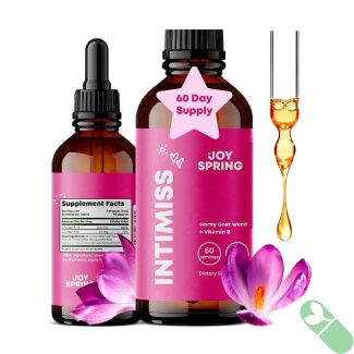 Bottle of JoySpring INTIMISS for female vitality, blending powerful herbs in a liquid formula to support energy and hormonal health.