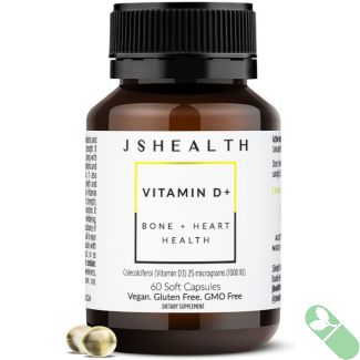 JSHealth Vitamin D Formula Bone Heart Health Support 60 Soft Caps packaging with soft capsule details and gluten-free icon.

