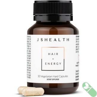 JSHealth Hair + Energy Vegetarian Gluten-Free Capsules bottle with white label and black cap.
