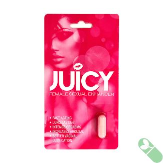 Juicy female sexual enhancement capsule in blister pack for increased sexual arousal and lubrication.