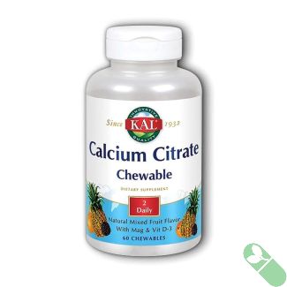 KAL Calcium Citrate Chewables bottle featuring mixed fruit flavor and key supplement information.