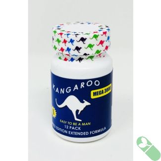 "Blue bottle with colorful kangaroo print cap labeled Kangaroo Mega 3000"

