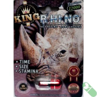 "King Rhino Titanium 12000 Male Enhancement Black Red Pill bottle front label visible"