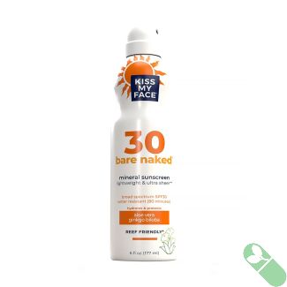 Kiss My Face Bare Naked SPF 30 Mineral Sunscreen Spray Bottle with air-powered, eco-friendly design, offering broad-spectrum protection and enriched with hydrating aloe vera and soothing ginkgo biloba.