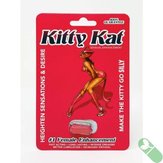 "Kitty Kat female sensual enhancement pill in red packaging with cartoon cat woman image"

